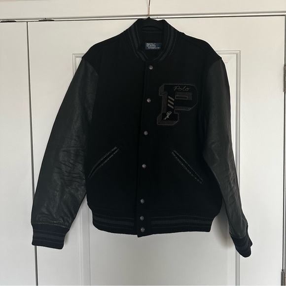 Polo Ralph Lauren The Iconic Letterman Jack Black Wool & Leather Bomber Jacket - Picture 2 of 12